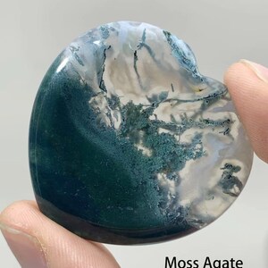 May include: A heart-shaped moss agate with green and white patterns. Moss agate is a type of chalcedony that contains inclusions of green chlorite.