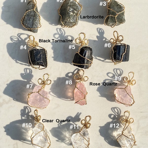 Raw Crystal Pendant Healing Gemstone Wire Wrapped Pendant , Larbradorite Rose Quarttz Obsidian Clear Quartz Raw Qaurtz Crystal Pendant