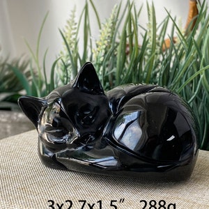 大きな黒曜石の眠っている猫、クリスタル彫刻の猫、クリスタル動物、クリスタルギフト、ホームデコレーション、クォーツクリスタル猫、黒猫の置物