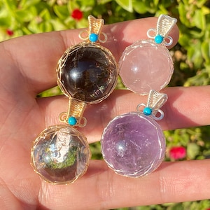 Rose Quartz Amethyst Rose Quartz Sphere Ball Necklace Pendant , Crystal Pendant , Silk Woven Mesh Sphere Pendant , Crystal Gift