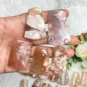 May include: Six polished agate pendants in shades of brown, cream, and lavender. Each pendant has a unique pattern and a hole for stringing. The pendants are displayed against a neutral background.