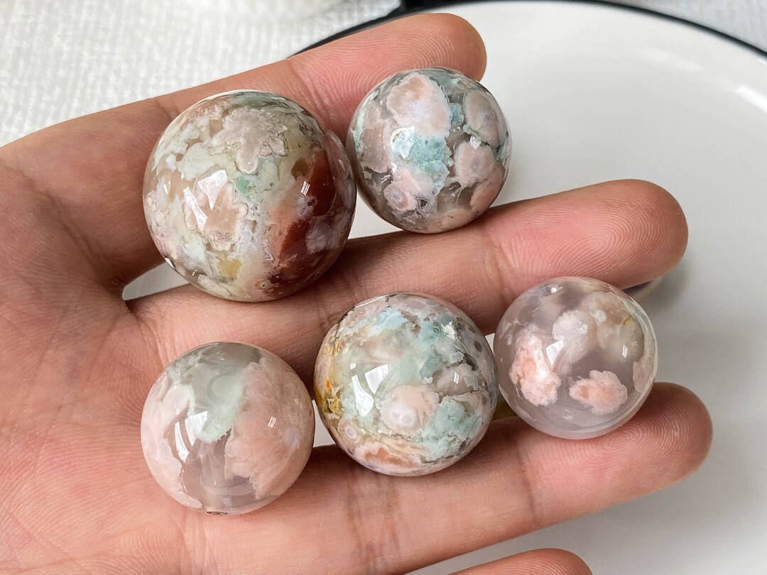 Natural Green Pink Flower Agate Sphere With Holes , Agate Sphere