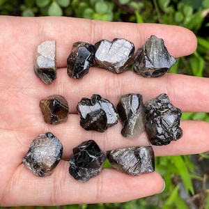 Può includere: Una collezione di cristalli di quarzo fumé grezzi, di varie forme e dimensioni. I cristalli variano di colore, da trasparente a marrone scuro, con una texture naturale e ruvida. I cristalli sono tenuti in una mano.