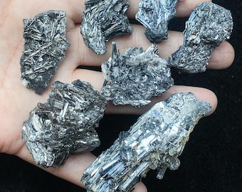 Silvery Stibnite Crystal Wand Antimony Mineral Stibnite Nugget Mini Geode for Home Decor, Mirror-Like Luster Interior Sculpture