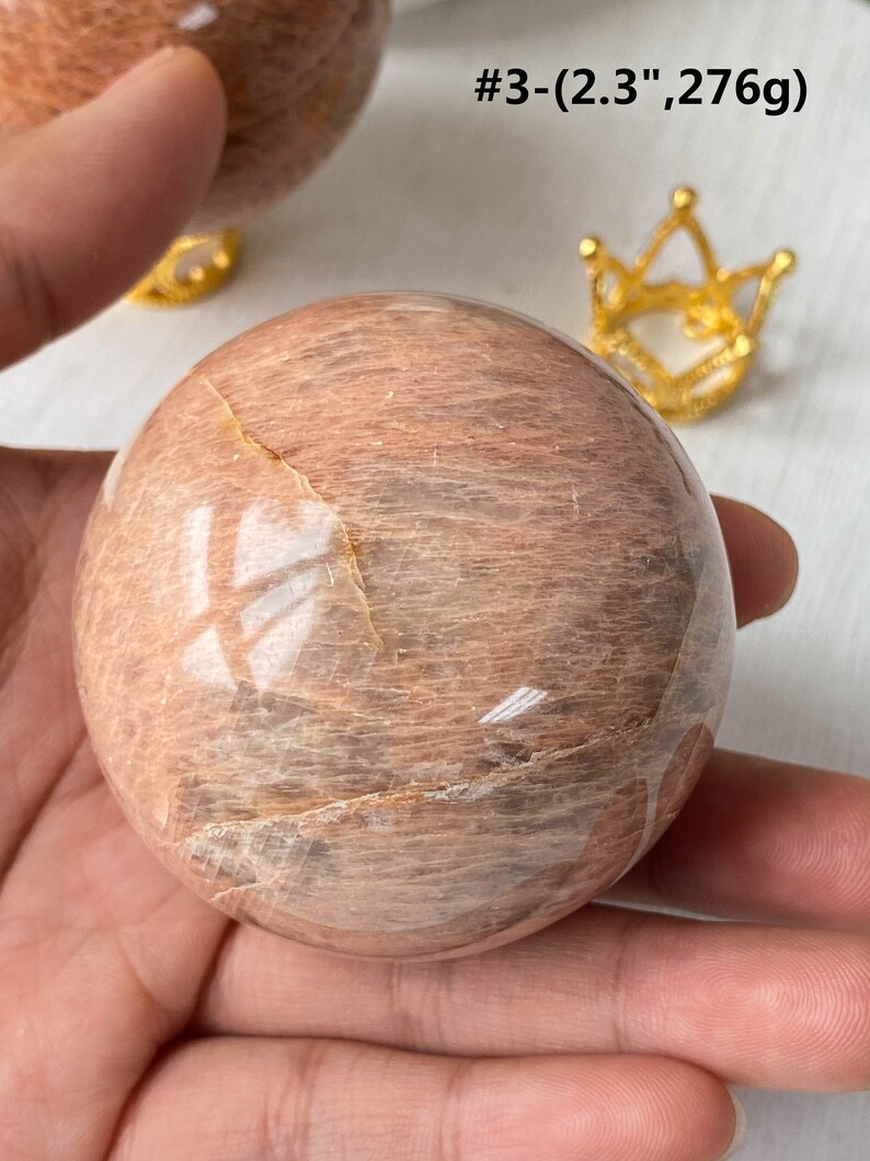 Esfera de piedra lunar de melocotón natural, esfera de cristal, cristal de intuición, regalo de cumpleaños, decoración del hogar, esfera amarilla #3-(2.3",276g)