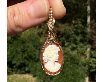 Wire-Wrapped Vintage Carved Shell Cameo of Woman Pendant in 14k Goldfilled Wire: Gold Lover Statement Gift Idea Unique OOAK Antique