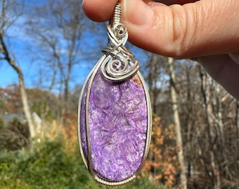 Wire-Wrapped Charoite Pendant in Sterling Silver - Unique Rare OOAK Handmade Handcrafted Crystal Lover Collector Purple Gift Present Idea