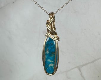 Wire-Wrapped Ithaca Peak Turquoise with Pyrite Pendant in 14k Goldfill