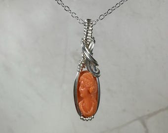 Antique Carved Coral Cameo of Woman Pendant Wire-Wrapped in Sterling Silver