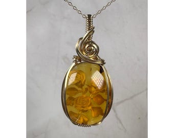 Carved Mexican Amber with Flowers Pendant Wire-Wrapped in 14k Goldfill