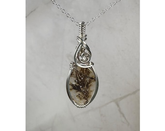 Dendritic "Picture" Agate Pendant Wrapped in Sterling Silver Wire
