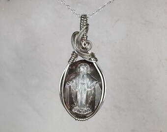 Sterling Silver Wire-Wrapped Vintage Mother of Pearl Carved Cameo Pendant of Miraculous Virgin Mary