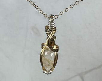 Wire-Wrapped Natural Gold Rutilated Quartz Pendant in 14k Gold-Fill Sterling Silver