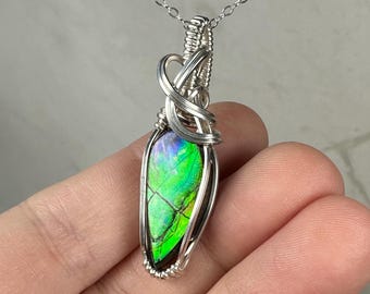 Flashy Rare, Natural Ammolite Pendant Wire-Wrapped in Sterling Silver
