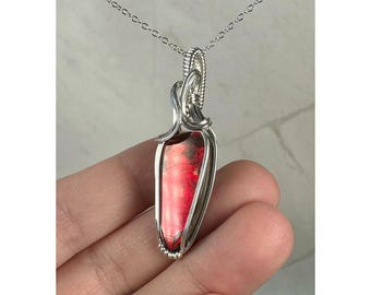 Flashy Rare, Natural Ammolite Pendant Wire-Wrapped in Sterling Silver