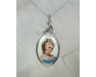 Vintage Porcelain Limoges France Cameo Portrait Pendant Wire-Wrapped in Sterling Silver