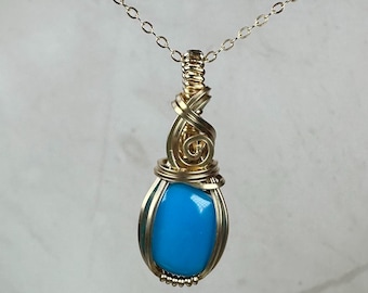 Wire-Wrapped Vintage Blue American-Mined Turquoise Pendant in 14k Goldfill