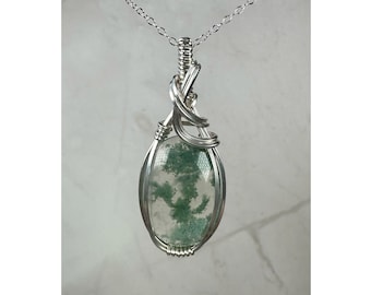 Moss Agate Pendant Wrapped in Sterling Silver Wire