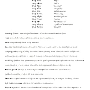 May include: A black and white image with the text "The Principles Behind the Twelve Steps" at the top. The image lists the twelve steps of a program with a corresponding principle for each step. The principles include honesty, hope, faith, courage, integrity, willingness, humility, brotherly love, justice, perseverance, spiritual awareness, and service. The image also includes a definition for each principle.