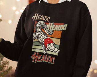 Cajun Christmas Sweatshirt, Louisiana Christmas, Funny Alligator Santa Hat, Heaux Heaux Heaux Funny Southern French Holiday, Retro Vintage