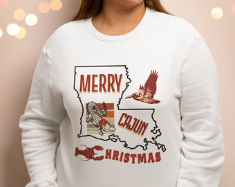 Cajun Christmas Sweatshirt, Merry Cajun Christmas Top, Alligator Pelican Crawfish, Louisiana, New Orleans Holiday, Heaux heaux Southern Xmas