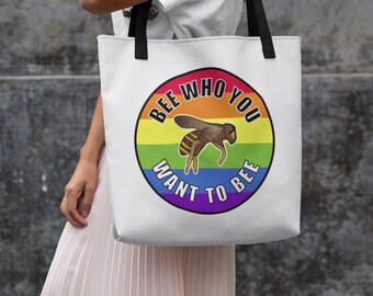 LGBTQ Pride Tragetasche, Biene, die du sein möchtest, schwule Biene, Regenbogen-Einkaufstasche, Gleichheit, niedlicher realistischer Bestäuber, alle Pronomen, nichtbinär