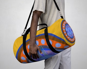 Seesack für Erwachsene, Trendiges Gepäck, Artful Weekender Style Bag, Orange Blau und Gelb, große Kindertasche, Sporttasche für Erwachsene, Reisetasche