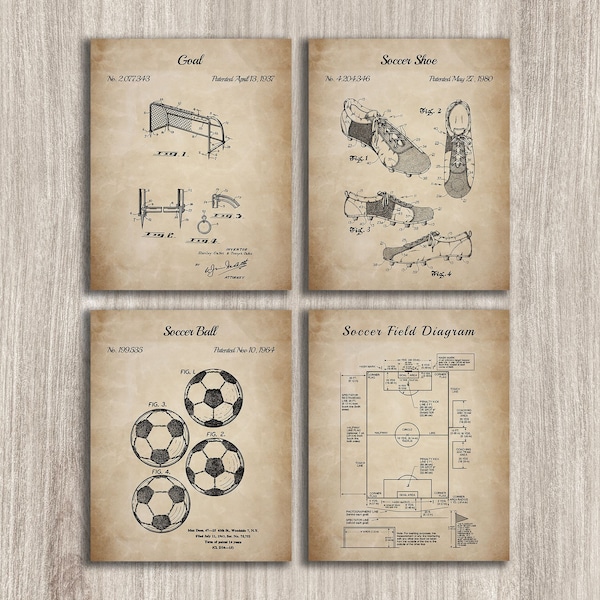 Conjunto de impresión de patente de fútbol vintage de 4, arte de pared de fútbol, diseño de red de portería de fútbol, cartel de la Copa del Mundo, regalo de fútbol, DESCARGA INSTANTÁNEA