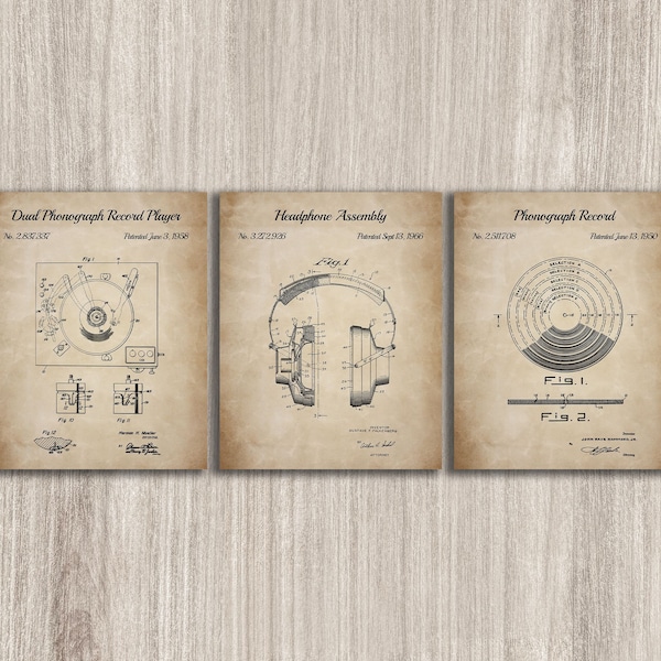 Vinyl Record Set Of 3 Patent Prints, Music Poster, Headphone Assembly, Turntable Patent, Musician Gift, INSTANT DOWNLOAD