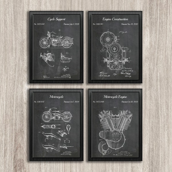 Harley Davidson 4er Set Patentdrucke, Motorrad Wandkunst, Maschinenkonstruktion, Garagendekor, Harley Davidson Geschenke, INSTANT DOWNLOAD