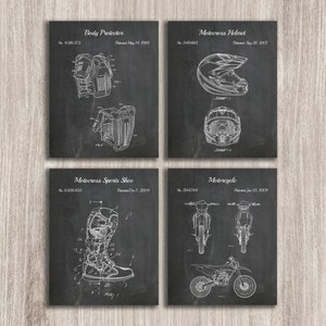 Set of 4 Dirt Bike Patent Print, Motorcycle Poster, Motorbike Boots Decor, Body Armor, Helmet Patent, Motorcycle Gift, INSTANT DOWNLOAD