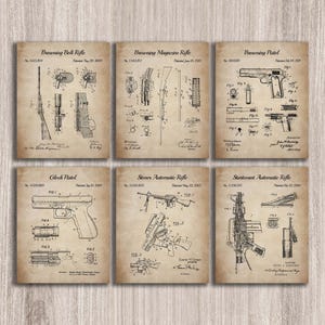 Lot de 6 affiches de brevets d'armes à feu, fusil automatique, décoration d'armes, oeuvre d'art murale homme des cavernes, cadeaux militaires, TÉLÉCHARGEMENT IMMÉDIAT