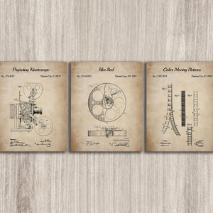 Cinema Patent Prints Set Of 3, Cinematography Wall Art, Movie Room Decor, Movie Projector, Film Reel, Movie Maker Gift, INSTANT DOWNLOAD