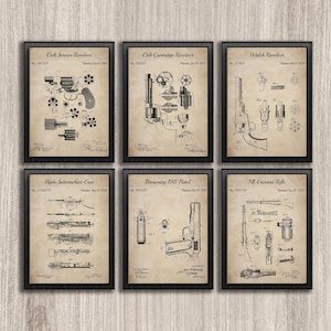 Set of 6 Vintage Gun Patent Print, Automatic Rifle Gun, Revolver Art, Man Cave Wall Art, Firearm Poster, Military Gifts, INSTANT DOWNLOAD