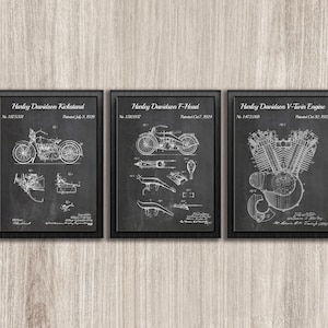 Conjunto de ilustrações de projetos de motocicletas – Impressões de patentes de motores V-Twin em estilo lousa (Download instantâneo)