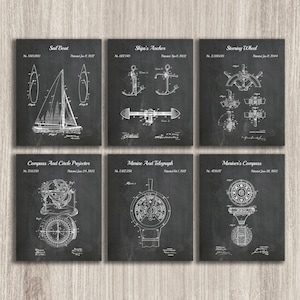 Nautical Set of 6 Patent Prints, Sailing Wall Art, Anchor Patent, Maritime Wall Art, Beach House Decor, Fathers Gift, INSTANT DOWNLOAD