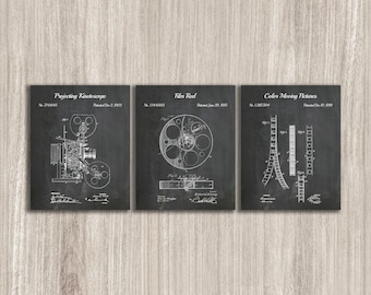 Set di stampe di brevetti cinematografici: bobina di pellicola, proiettore, movimento a colori (download immediato)