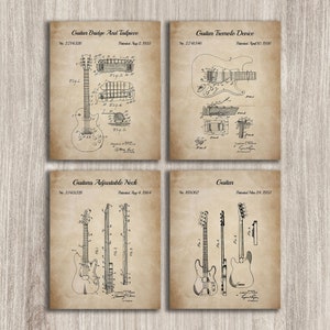 Electric Guitar Patent Prints Set Of 4, Vintage Guitar Wall Art, Guitar Design, Music Decor, Guitarist Gift, INSTANT DOWNLOAD