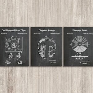 Record Player Patent, Set of 3, Vinyl Record Art, Headphone Assembly, Music Room Decor, Vinyl Gift, INSTANT DOWNLOAD