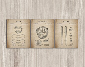 Stampe artistiche di brevetti di baseball d'epoca, set di 3 (download immediato)
