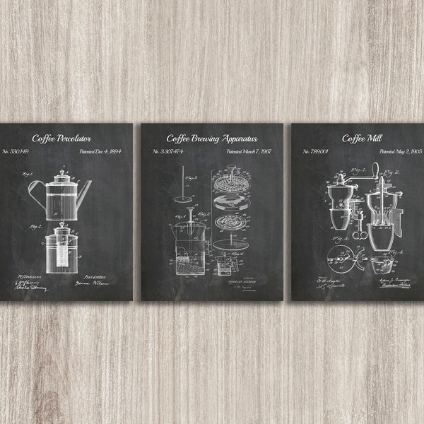 Coffee Patent Prints Set Of 3, Kitchen Decor, Coffee Poster, Coffee Mill, Coffee Inventions, Gifts for Mom, INSTANT DOWNLOAD