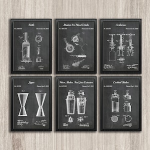Barman Cocktail Wijn Patent Prints, Set van 6, Bar Room Decor, Bar Decor Keuken Blauwdruk, Barman Gift, INSTANT DOWNLOAD