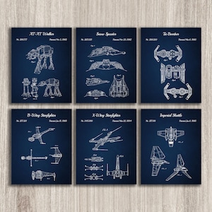 Set of 6 Star Wars Patent Print, Nursery Decor, Star Wars Blueprint, X-Wing Starfighter, Sci Fi Wars Movies Fan Gift, INSTANT DOWNLOAD
