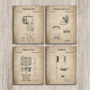 Set of 4 Vintage Bathroom Patent Print, Toilet Paper Roll, Toothbrush, Rest Room Wall Art, Toilet Decor Gifts, INSTANT DOWNLOAD