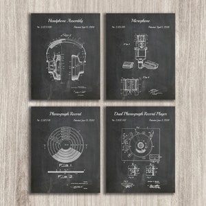 Record Player Patent, Set of 4, Vinyl Record Art, Headphone Assembly, Music Room Decor, Vinyl Gift, INSTANT DOWNLOAD