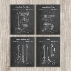 Electric Guitar Patent Prints Set Of 4 Music Decorations Guitarist Gift For Him