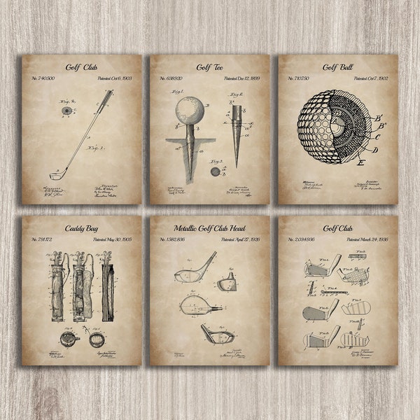 Golf Set Of 6 Patent Prints, Golf Club Print, Golf Caddy Bag, Golf Tee Holder, Golf Ball, Man Cave Decor, Golfer Gifts, INSTANT DOWNLOAD