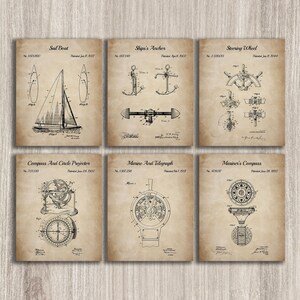 Sailing Set Of 6 Patent Prints, Nautical Wall Art, Boat Decor, Marine Poster, Beach Art, Sailing Invention, Sailor Gift, INSTANT DOWNLOAD