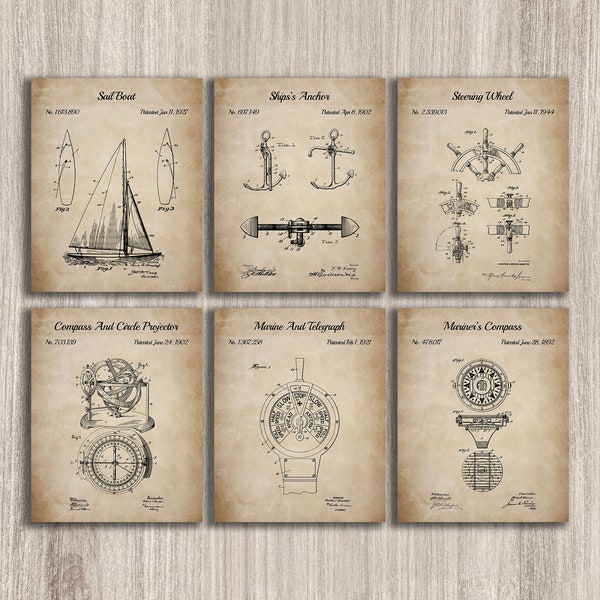 Sailing Set Of 6 Patent Prints, Nautical Wall Art, Boat Decor, Marine Poster, Beach Art, Sailing Invention, Sailor Gift, INSTANT DOWNLOAD