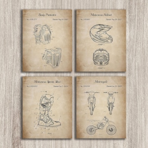 Dirt Bike Patent Set of 4, Helmet Patent, Motorbike Boots Decor, Body Armor, Vintage Biker Art, Motorcycle Gift, INSTANT DOWNLOAD